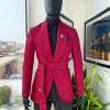 A Crimson Red, Floral Pattern Shawl Lapel “Smoking” Tuxedo Suit
