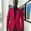 A Crimson Red, Floral Pattern Shawl Lapel Tuxedo Suit