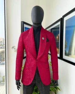 A Crimson Red, Floral Pattern Shawl Lapel Tuxedo Suit