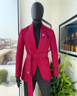 A Crimson Red, Floral Pattern Shawl Lapel “Smoking” Tuxedo Suit