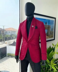 A Crimson Red, Floral Pattern Shawl Lapel Tuxedo Suit