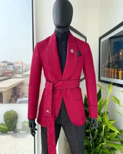 A Crimson Red, Floral Pattern Shawl Lapel “Smoking” Tuxedo Suit