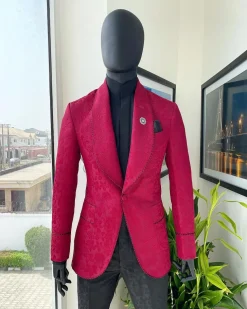 A Crimson Red, Floral Pattern Shawl Lapel Tuxedo Suit