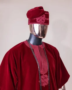A crimson red, U shaped neck, letters floral, 3/4 sleeve embroidery details African senator kaftan native.