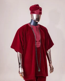 A crimson red, U shaped neck, letters floral, 3/4 sleeve embroidery details African senator kaftan native.