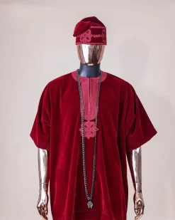 A crimson red, U shaped neck, letters floral, 3/4 sleeve embroidery details African senator kaftan native.