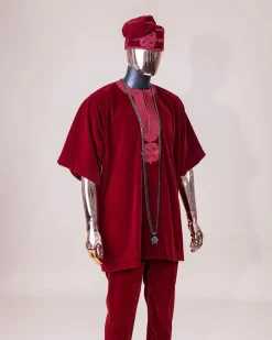 A crimson red, U shaped neck, letters floral, 3/4 sleeve embroidery details African senator kaftan native.