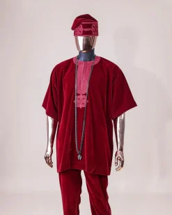 A crimson red, U shaped neck, letters floral, 3/4 sleeve embroidery details African senator kaftan native.