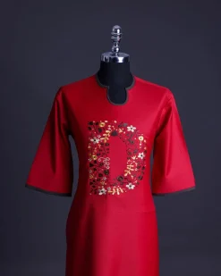A Crimson red, U-shaped neck, letters floral, 3/4 sleeve embroidery detail African senator Kaftan.