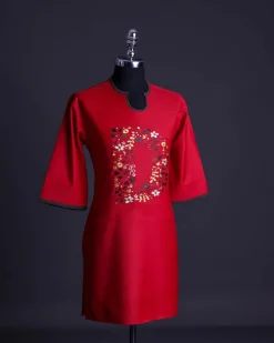 A Crimson red, U-shaped neck, letters floral, 3/4 sleeve embroidery detail African senator Kaftan.