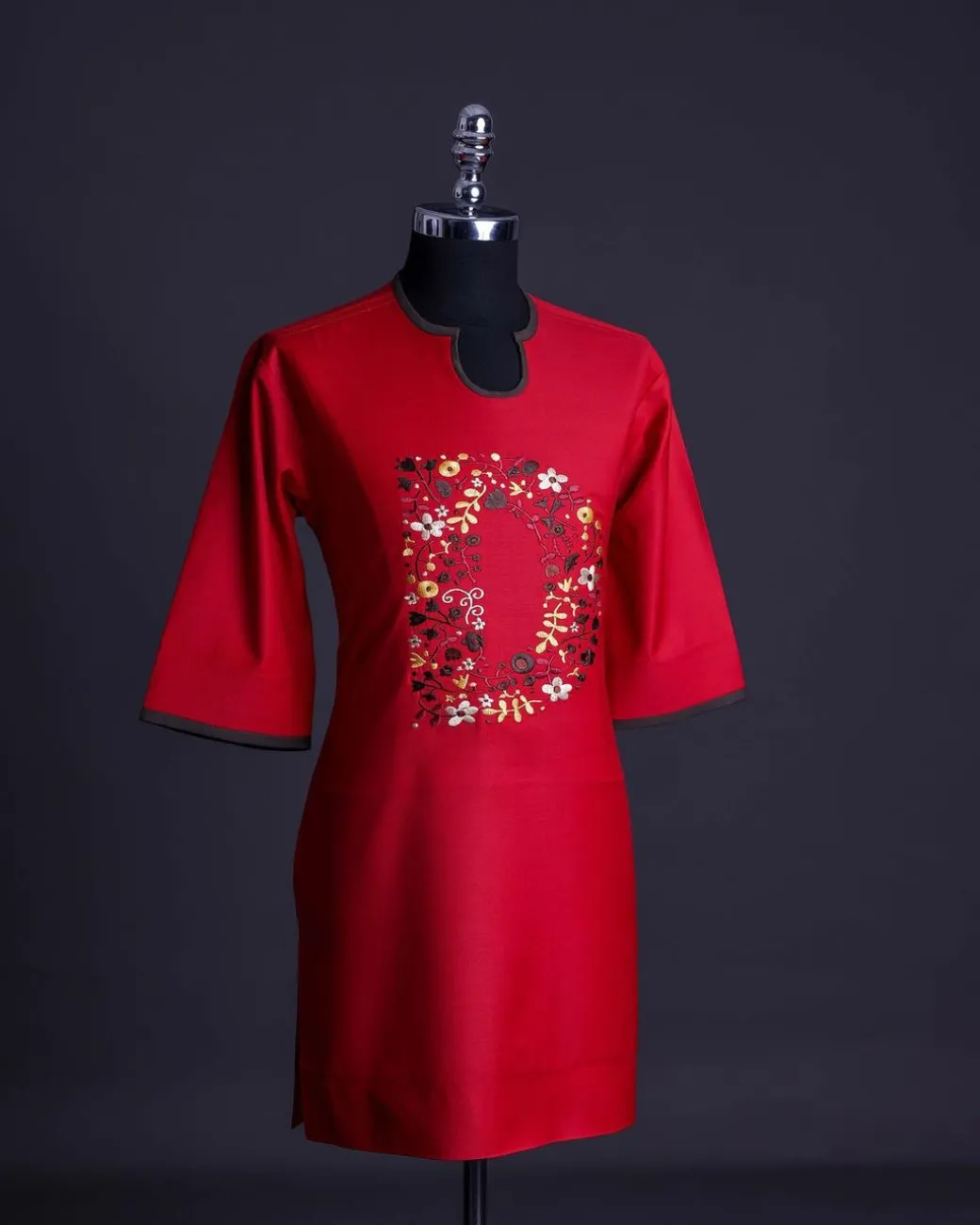A Crimson red, U-shaped neck, letters floral, 3/4 sleeve embroidery detail African senator Kaftan.