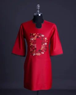 A Crimson red, U-shaped neck, letters floral, 3/4 sleeve embroidery detail African senator Kaftan.