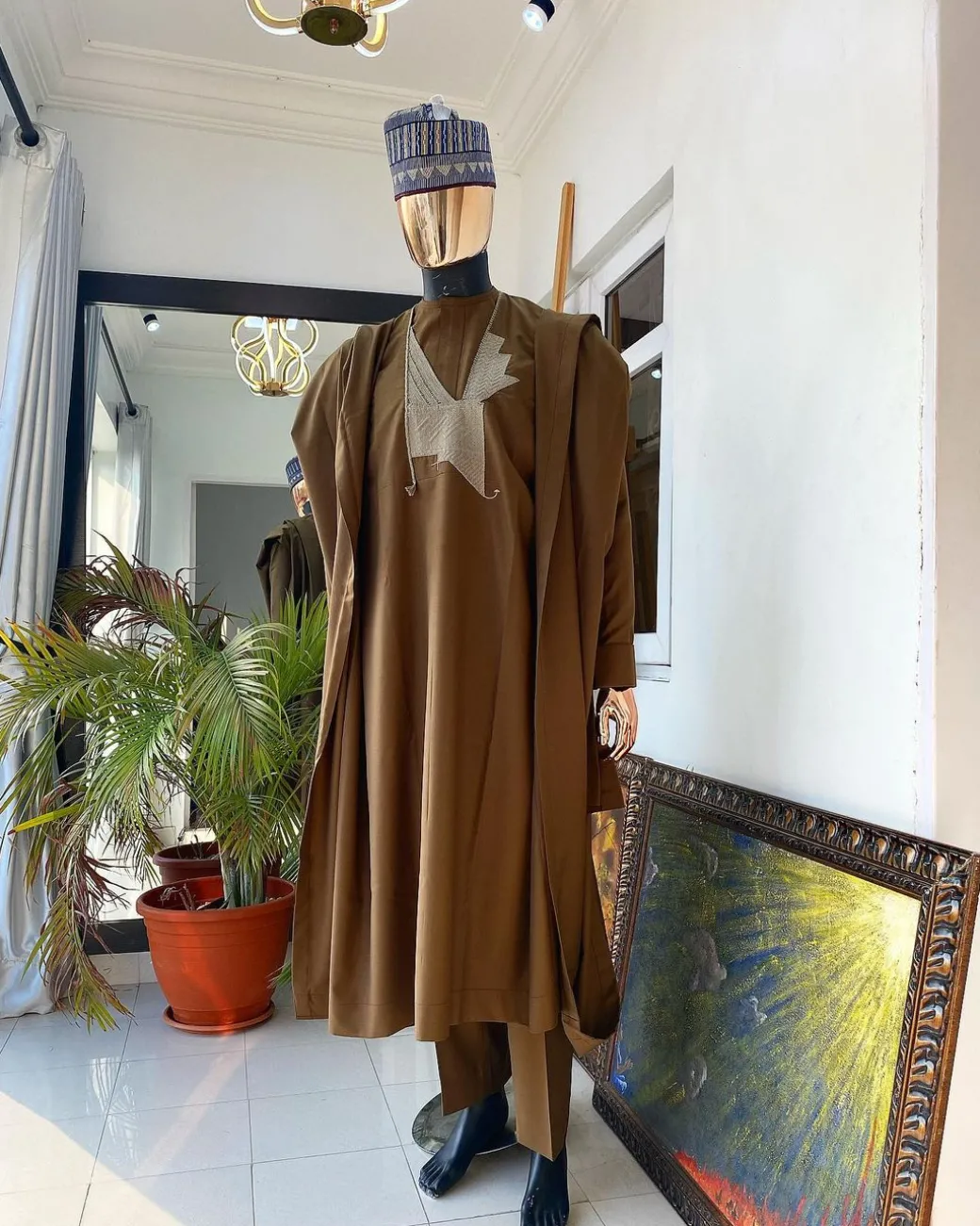 A Dark Brown Hand Embroidery African Agbada
