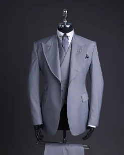 A Dark cloud grey, knitted, peak lapel suit, double breasted waist coat & pant Trouser