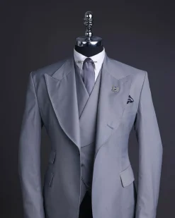 A Dark cloud grey, knitted, peak lapel suit, double breasted waist coat & pant Trouser