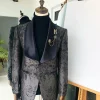 A dark grey and black “scattered waves” jacquard tuxedo suit