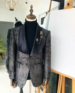 A dark grey and black “scattered waves” jacquard tuxedo suit