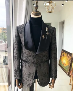 A dark grey and black “scattered waves” jacquard tuxedo suit