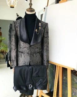 A dark grey and black “scattered waves” jacquard tuxedo suit