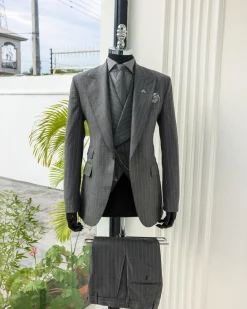 A Dark Grey, Ivory Pencil Stripe, Jorgecarli, Knitted Peak Lapel Suit