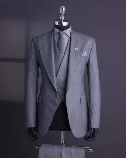 A Dark Grey, Ivory Pencil Stripe, Jorgecarli, Knitted Peak Lapel Suit