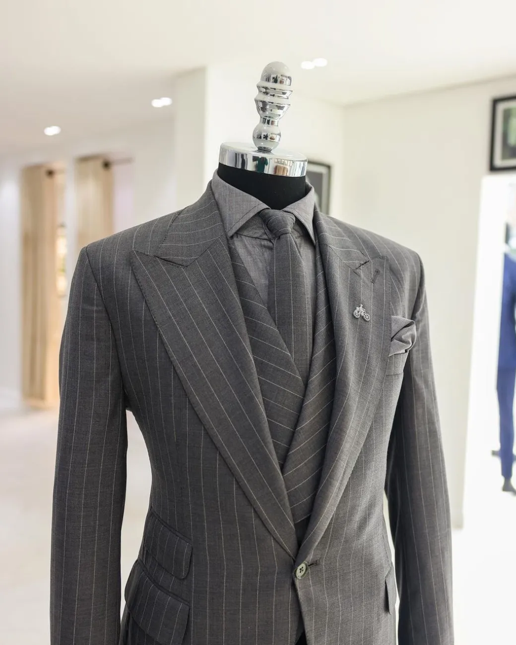 A Dark Grey, Ivory Pencil Stripe, Jorgecarli, Knitted Peak Lapel Suit