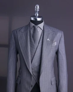 A Dark Grey, Ivory Pencil Stripe, Jorgecarli, Knitted Peak Lapel Suit