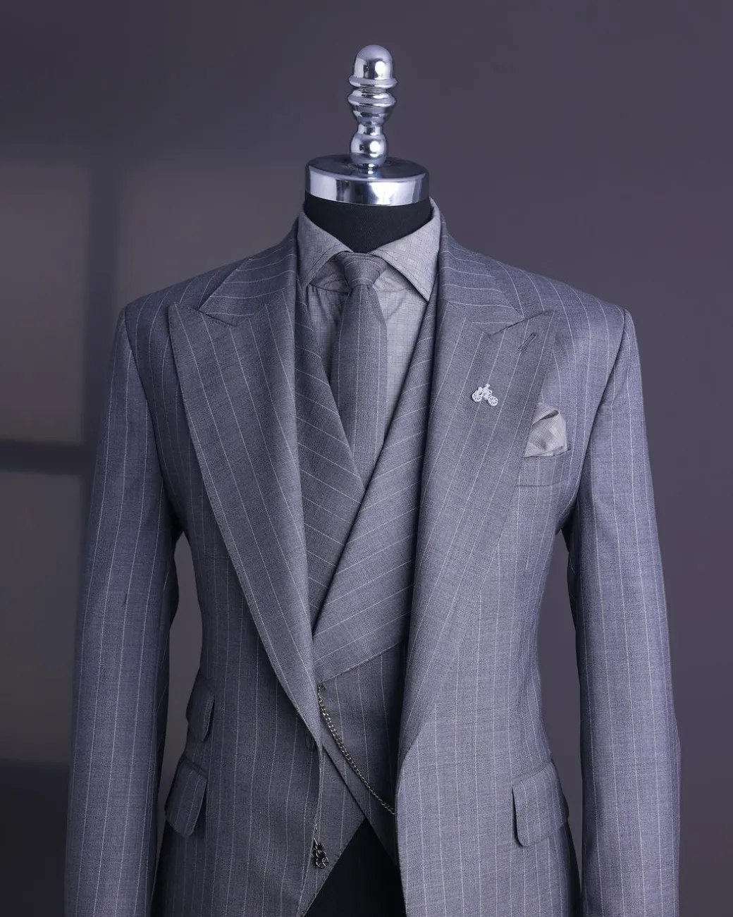 A Dark Grey, Ivory Pencil Stripe, Jorgecarli, Knitted Peak Lapel Suit