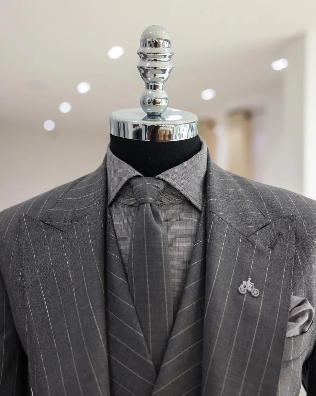 A Dark Grey, Ivory Pencil Stripe, Jorgecarli, Knitted Peak Lapel Suit