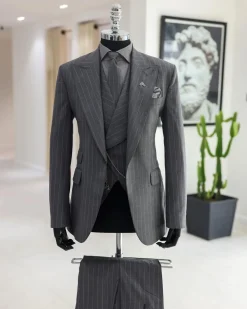 A Dark Grey, Ivory Pencil Stripe, Jorgecarli, Knitted Peak Lapel Suit