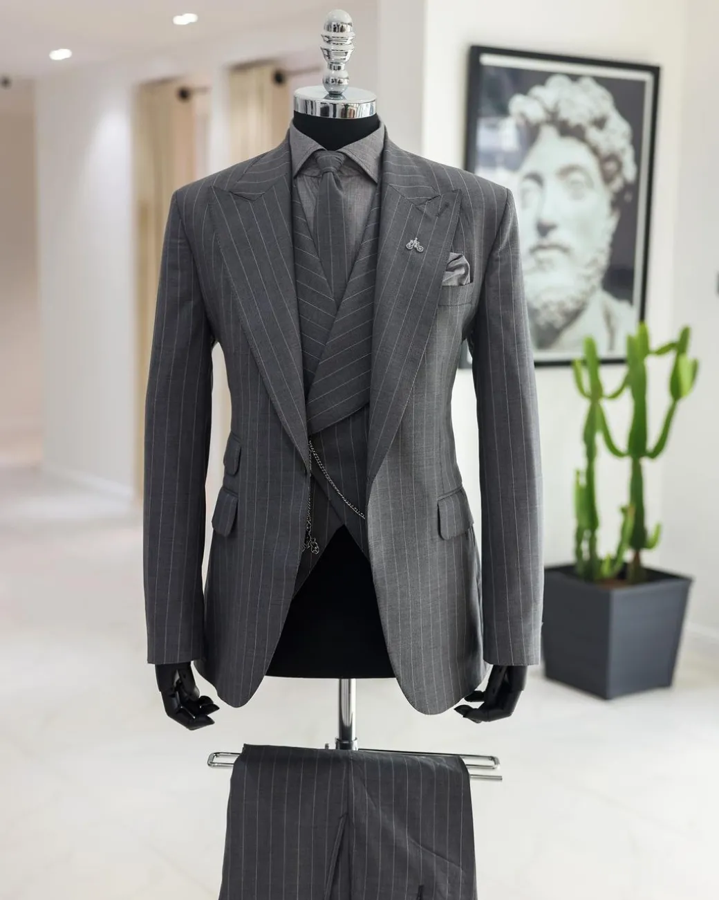 A Dark Grey, Ivory Pencil Stripe, Jorgecarli, Knitted Peak Lapel Suit