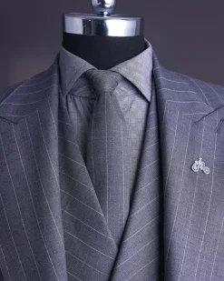 A Dark Grey, Ivory Pencil Stripe, Jorgecarli, Knitted Peak Lapel Suit
