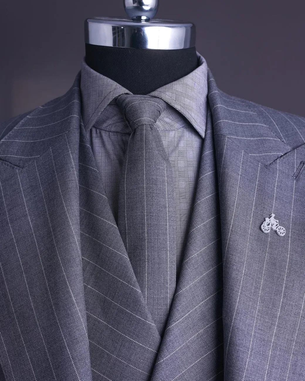 A Dark Grey, Ivory Pencil Stripe, Jorgecarli, Knitted Peak Lapel Suit