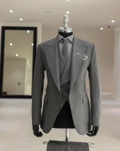 A Dark Grey, Ivory Pencil Stripe, Jorgecarli, Knitted Peak Lapel Suit