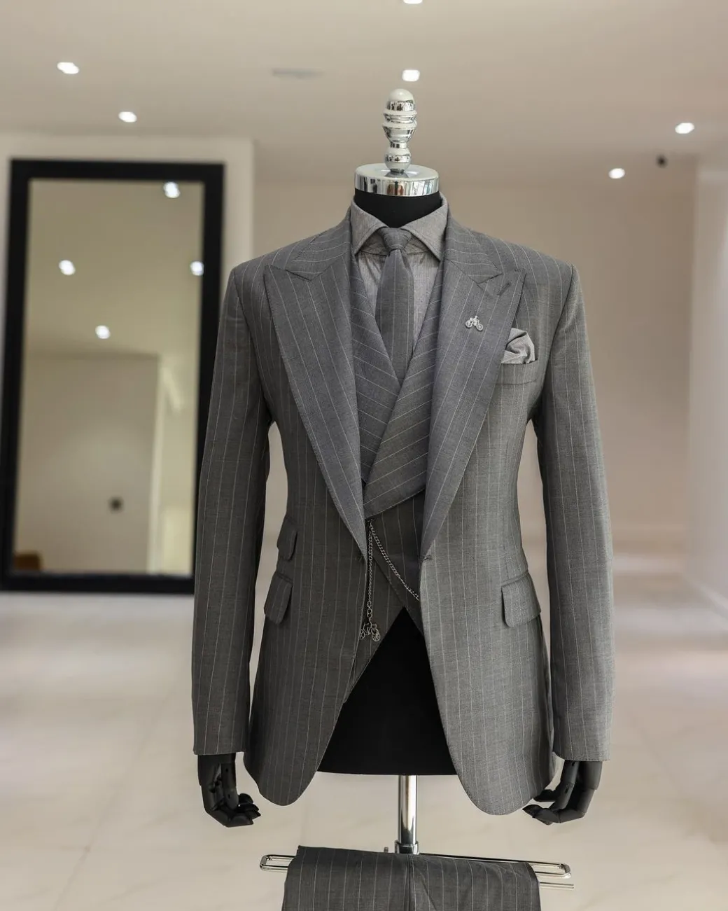 A Dark Grey, Ivory Pencil Stripe, Jorgecarli, Knitted Peak Lapel Suit
