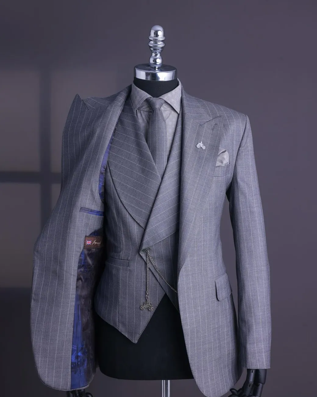 A Dark Grey, Ivory Pencil Stripe, Jorgecarli, Knitted Peak Lapel Suit