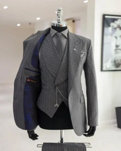A Dark Grey, Ivory Pencil Stripe, Jorgecarli, Knitted Peak Lapel Suit