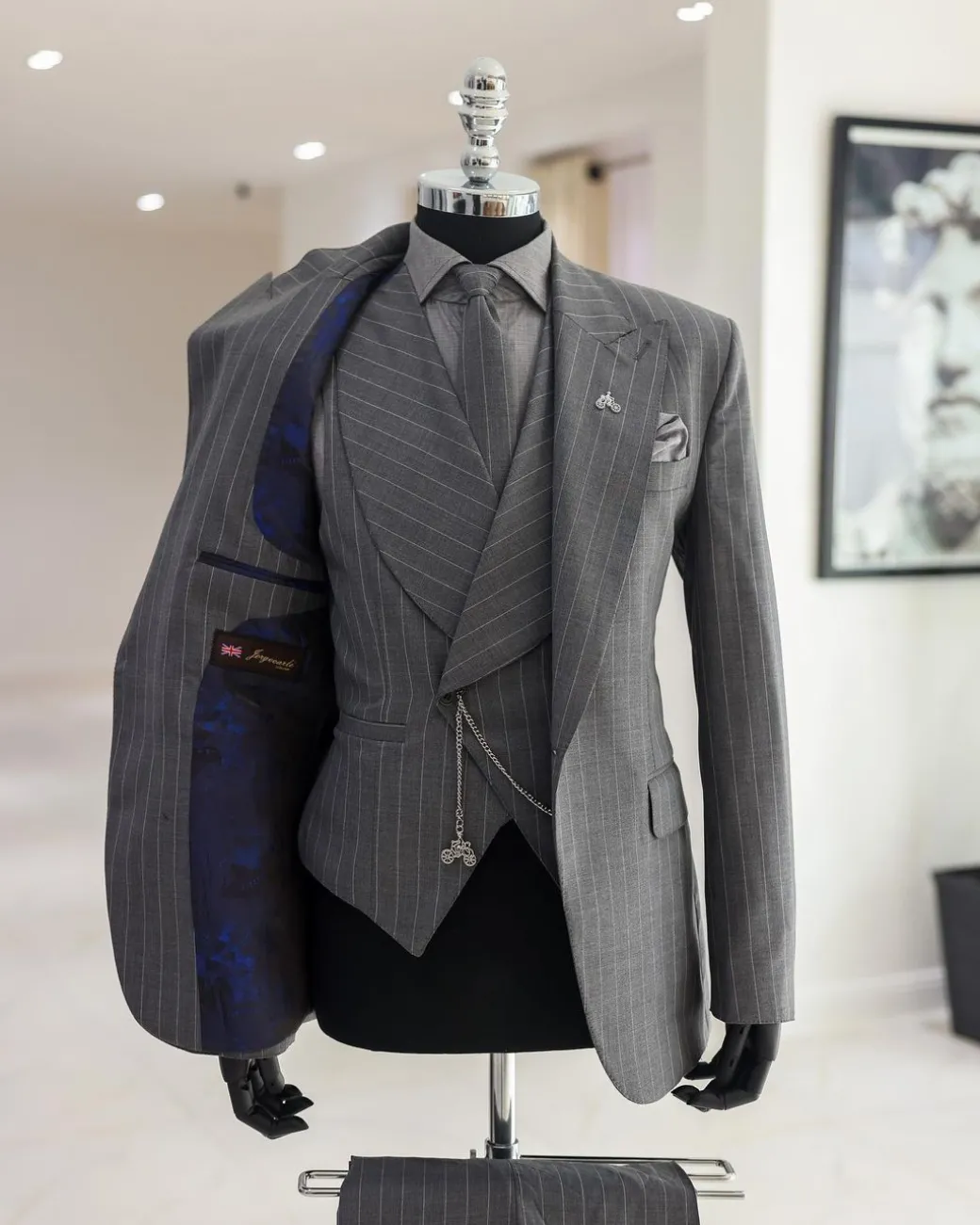 A Dark Grey, Ivory Pencil Stripe, Jorgecarli, Knitted Peak Lapel Suit