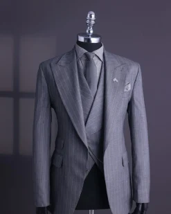 A Dark Grey, Ivory Pencil Stripe, Jorgecarli, Knitted Peak Lapel Suit