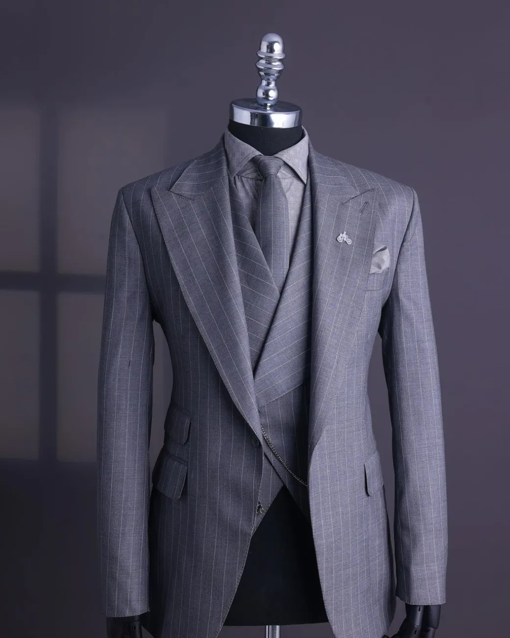 A Dark Grey, Ivory Pencil Stripe, Jorgecarli, Knitted Peak Lapel Suit