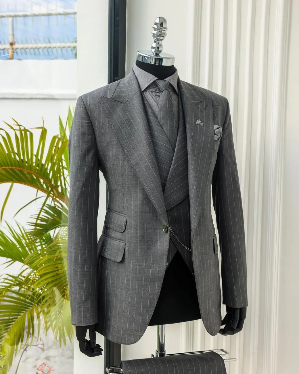 A Dark Grey, Ivory Pencil Stripe, Jorgecarli, Knitted Peak Lapel Suit