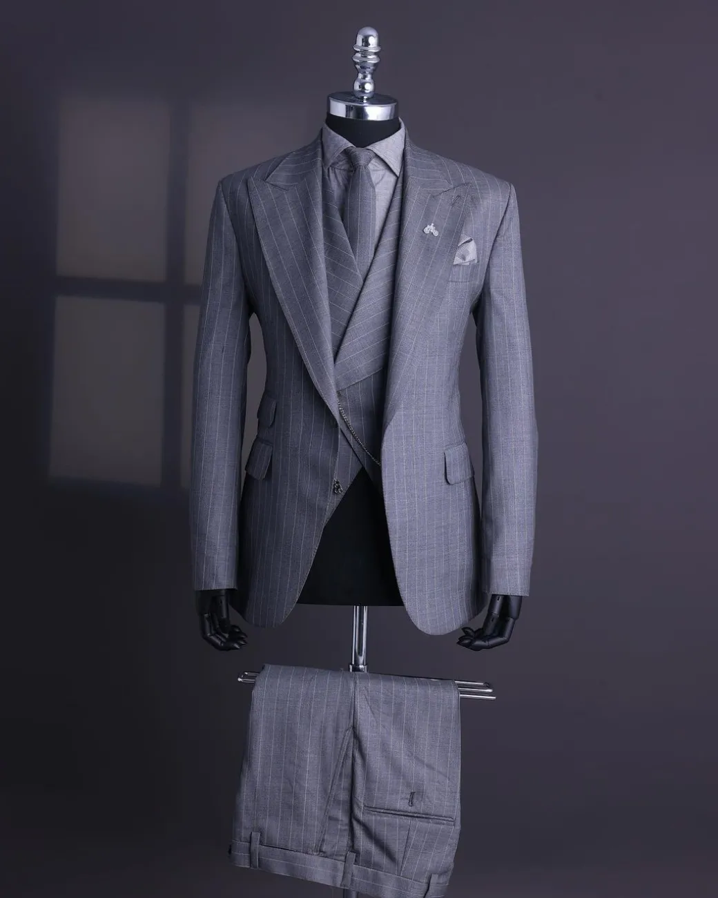 A Dark Grey, Ivory Pencil Stripe, Jorgecarli, Knitted Peak Lapel Suit