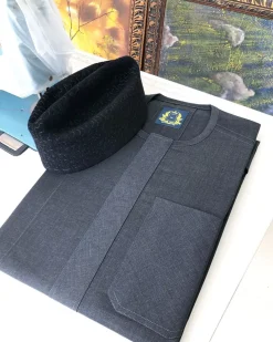 A Dark Grey Kaftan with wide Flap, Patch Pocket Kaftan