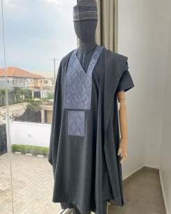 A Dark Irish Grey with connected square embroidery Agbada, senator kaftan and sokoto