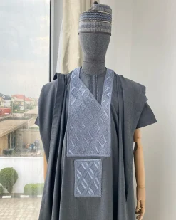 A Dark Irish Grey with connected square embroidery Agbada, senator kaftan and sokoto
