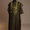 A Dark Olive Green, Connected Medulla And Wooven Pattern Embroidery Detailing Agbada