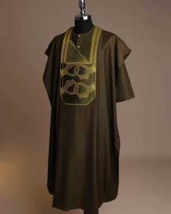 A Dark Olive Green, Connected Medulla And Wooven Pattern Embroidery Detailing Agbada