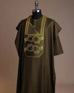 A Dark Olive Green, Connected Medulla And Wooven Pattern Embroidery Detailing Agbada