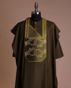 A Dark Olive Green, Connected Medulla And Wooven Pattern Embroidery Detailing Agbada