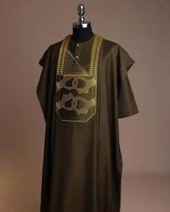 A Dark Olive Green, Connected Medulla And Wooven Pattern Embroidery Detailing Agbada